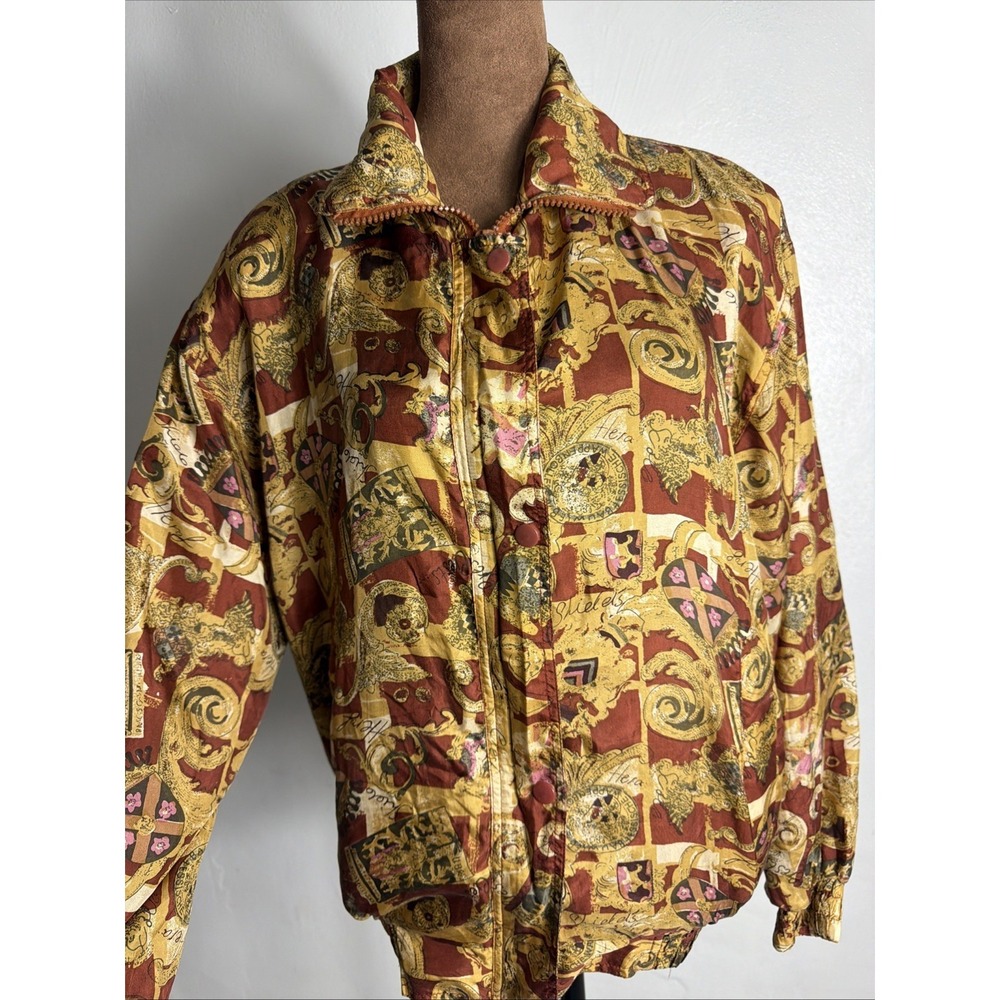 Vintage 80s Silk Details Sportswear Baroque Print‎ Brown Bomber Jacket Size S